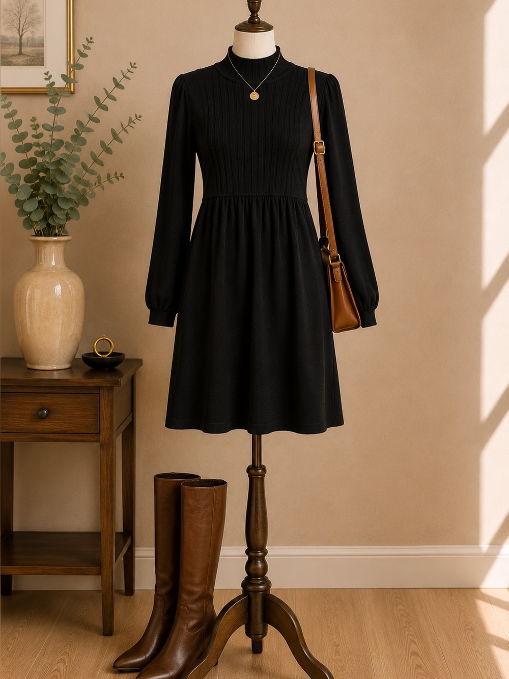 Belldini Black Ribbed Mock Neck Sweater Dress Women's Medium Long Sleeve Knit